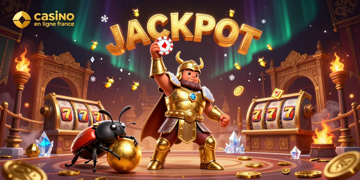 Gagnez au casino en ligne France avec un coléoptère en armure célébrant un jackpot.