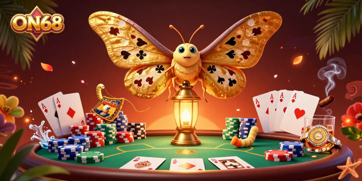 Experience thrilling wins at ON68 with vibrant casino scenes featuring card suits and golden moth.