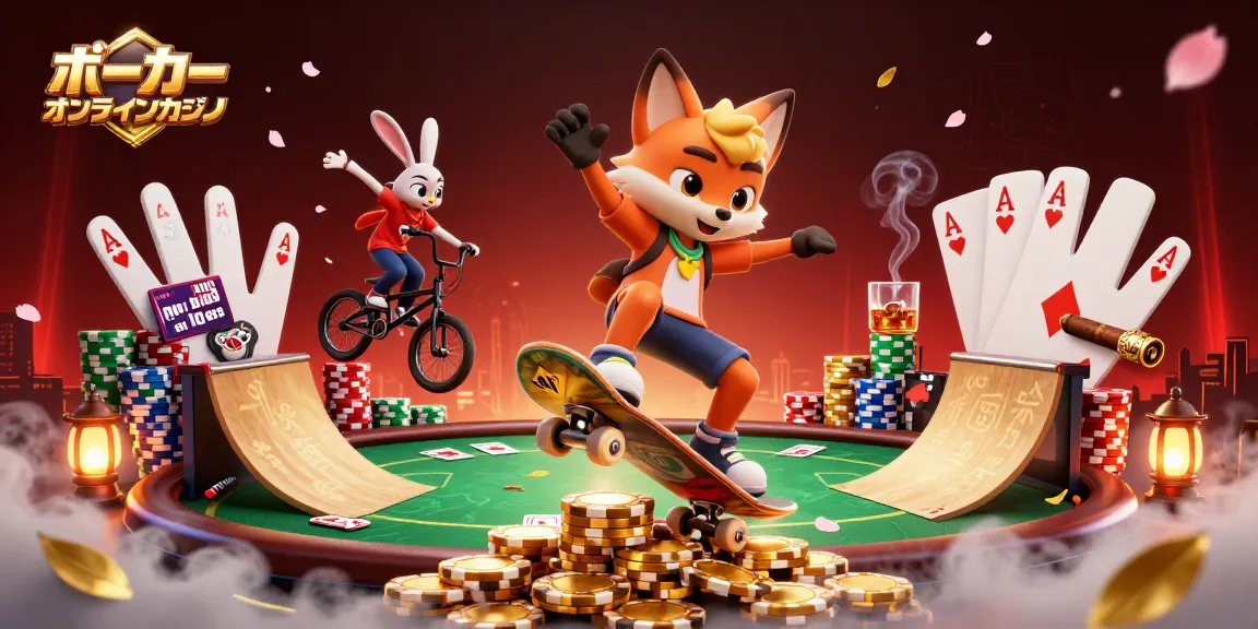 ポーカー オンラインカジノの魅力を描く、キックフリップと技を決めるキャラクターたちのダイナミックなイラスト