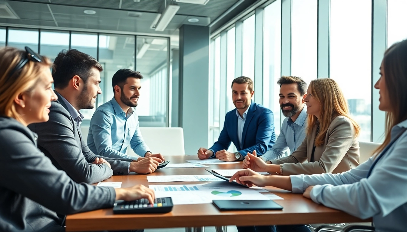 Addressing the merchant cash advance scam with financial experts in a vibrant office meeting.