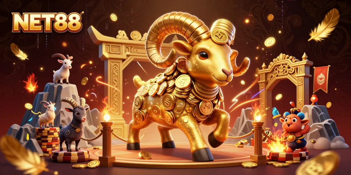 Experience the thrill of NET88 as a golden ram charges through a dynamic casino scene.