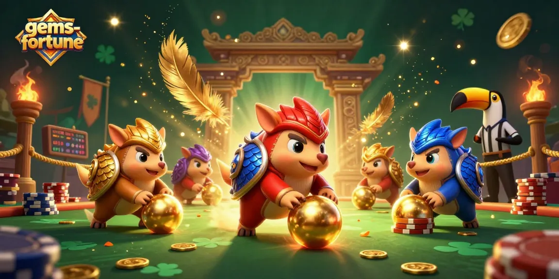 Rival pangolins compete in gems-fortune bowling with golden coins and poker chips in an ancient temple setting.
