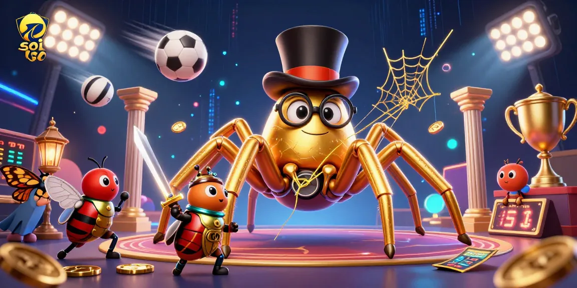 Soi kèo sports betting scene with a golden tarantula, beetle knight, and flying sports balls