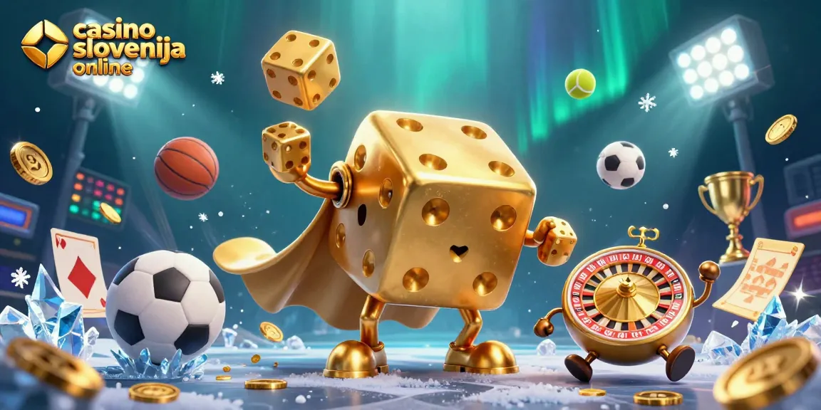 Deležna predstavitev casino slovenija online z zlatim kockastim golemom in športnimi elementi