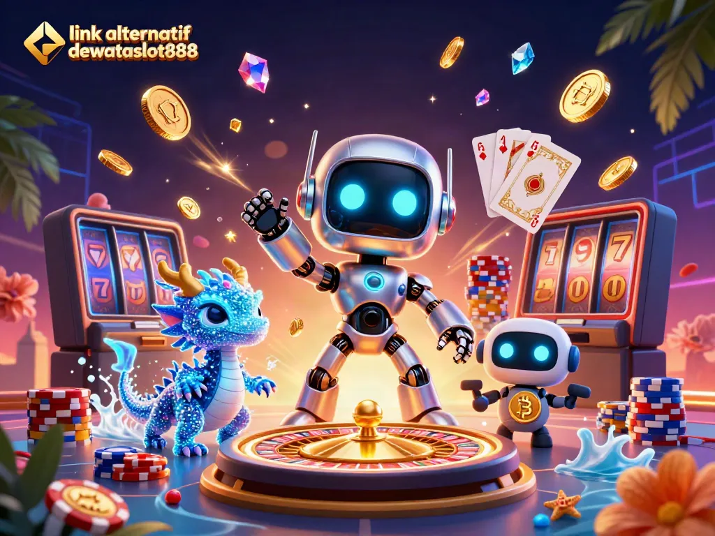 Mainkan permainan dengan link alternatif dewataslot888, robot cyberpunk dan penerbangan koin emas dalam ilustrasi 3D.