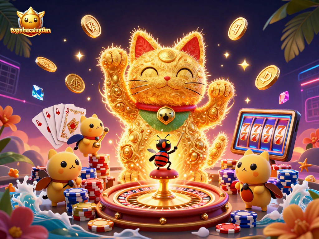 Experience the thrill of topnhacaiuytinn with a dynamic illustration of a lucky cat controlled by a beetle conductor amidst casino elements.