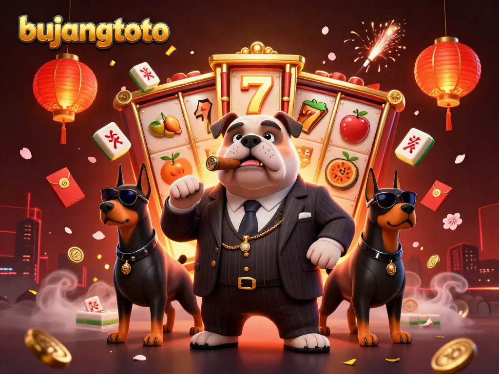 Bujangtoto illustration featuring a mafia boss bulldog and Doberman bodyguards in a vibrant casino setting.