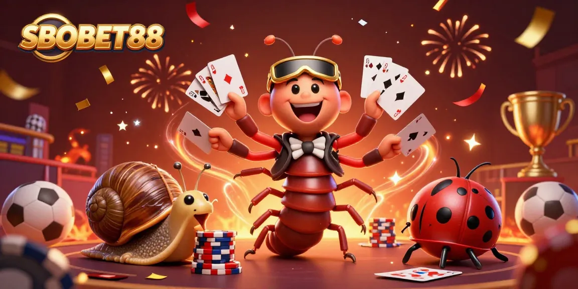SBOBET88 menghadirkan dealer unik dalam ilustrasi 3D yang memukau dengan kartu, cip besar, dan elemen olahraga.