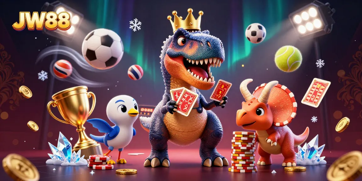 Engage with JW88's thrilling 3D casino experience featuring dynamic dinosaur characters and sports elements.