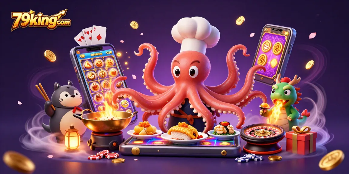 Engage in fun gaming with 79kingcom's dynamic 3D illustration of a sushi chef octopus.