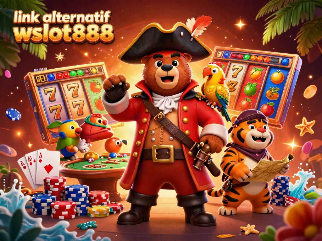Menggali keberuntungan di wslot888 dengan karakter kartun yang berani dan simbol slot yang berkilauan.