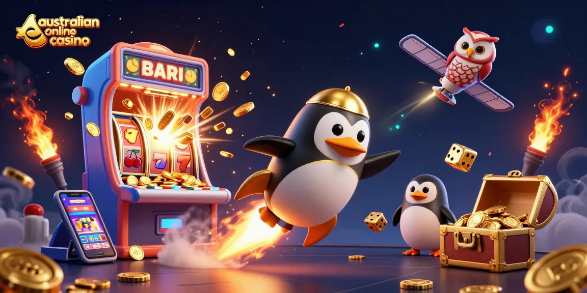 A dynamic scene with a golden penguin and casino elements promoting australian online casino fun.