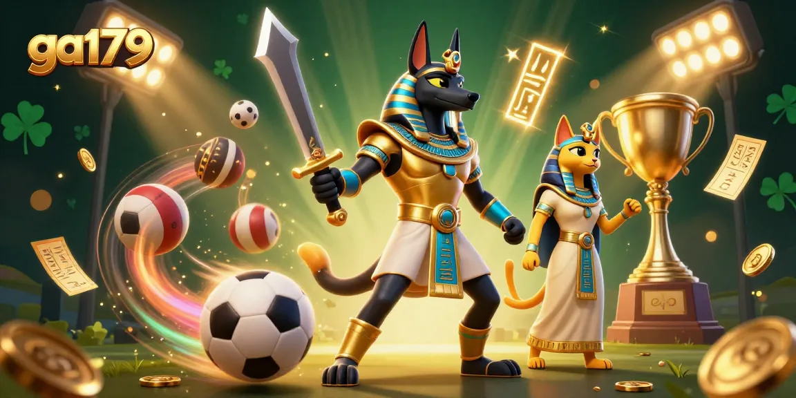 Bet on sports winnings with ga179 featuring Anubis and Bastet in a dynamic casino scene.