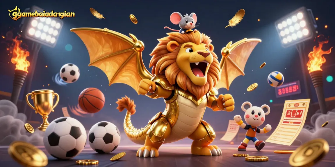 Engage in thrilling gameplay with gamebaidangian as a chimera creature triumphs in a vibrant casino scene.