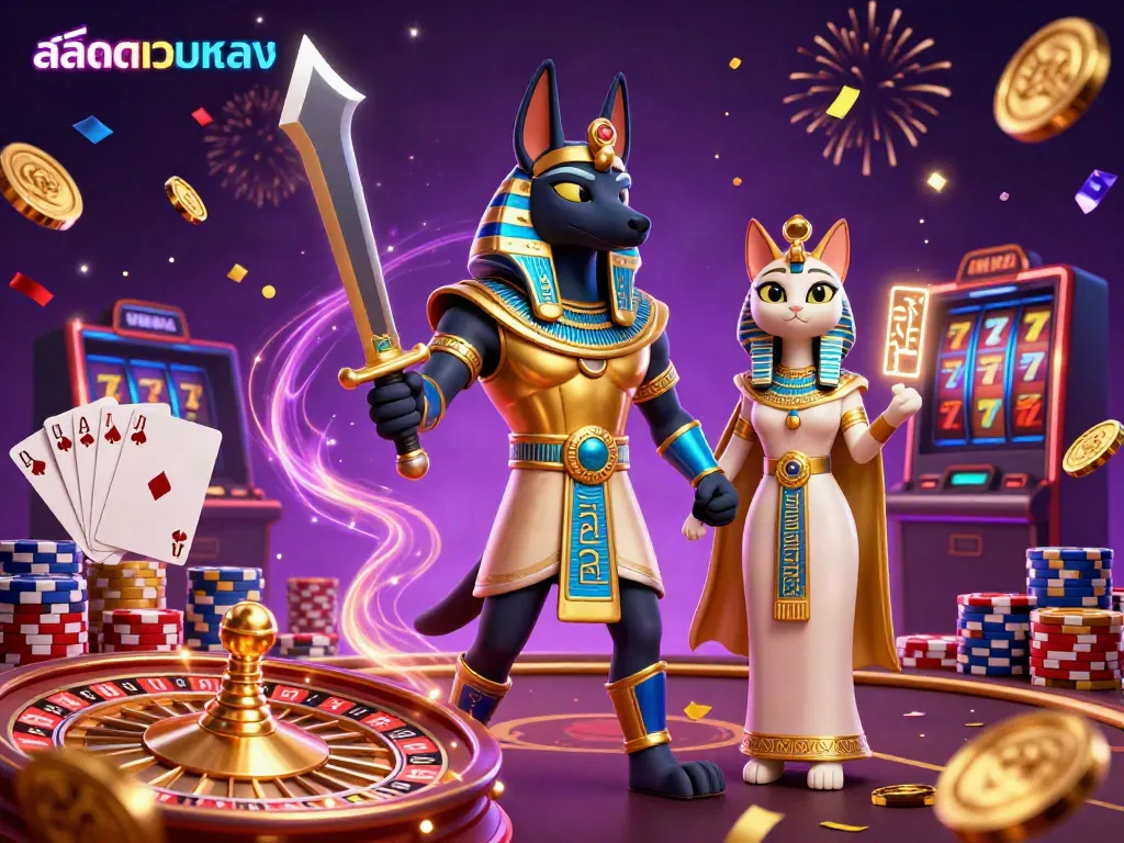 Experience the thrill of สล็อตเว็บตรง with Anubis and Bastet in a vibrant casino scene filled with gold coins and spinning roulette.