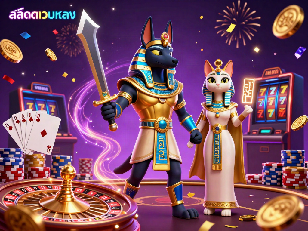 Experience the thrill of สล็อตเว็บตรง with Anubis and Bastet in a vibrant casino scene filled with gold coins and spinning roulette.