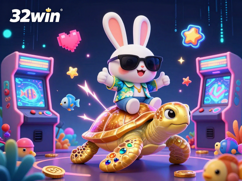 Play exciting games at 32win with a lively scene of a lucky rabbit and golden turtle in a vibrant casino.
