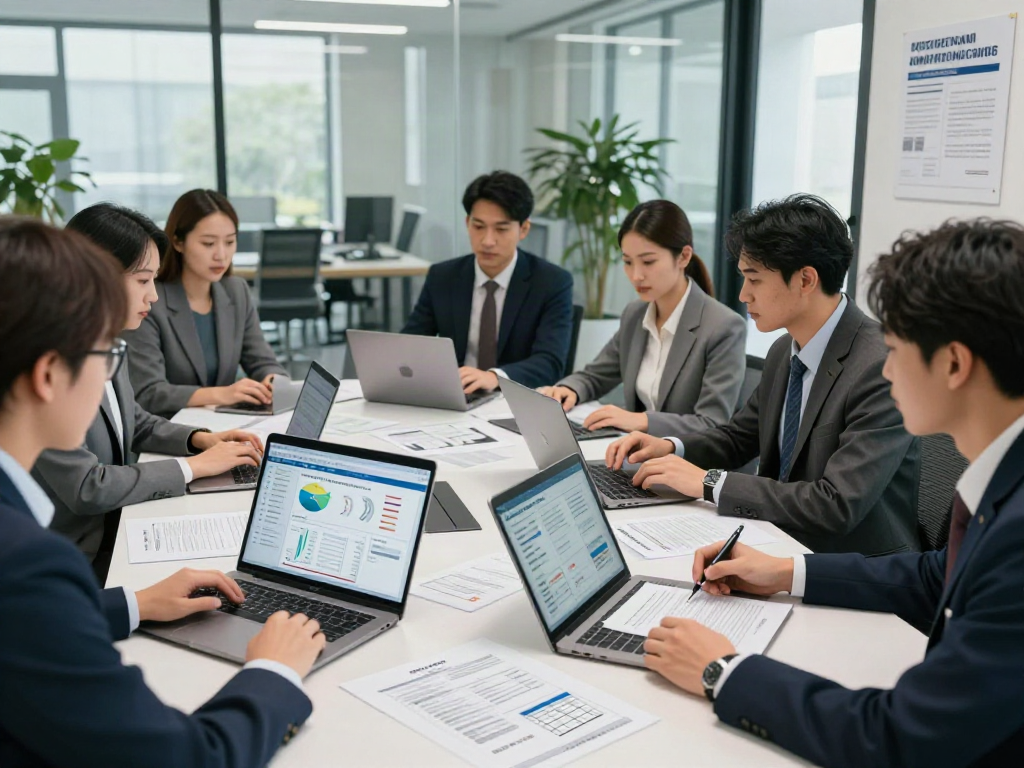 Collaborative team analyzing a document fraud detection solution in a professional office setting