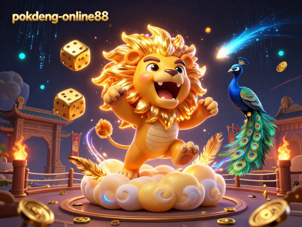 Experience thrilling gameplay at pokdeng-online88 with a victorious sun lion in a dynamic casino scene.