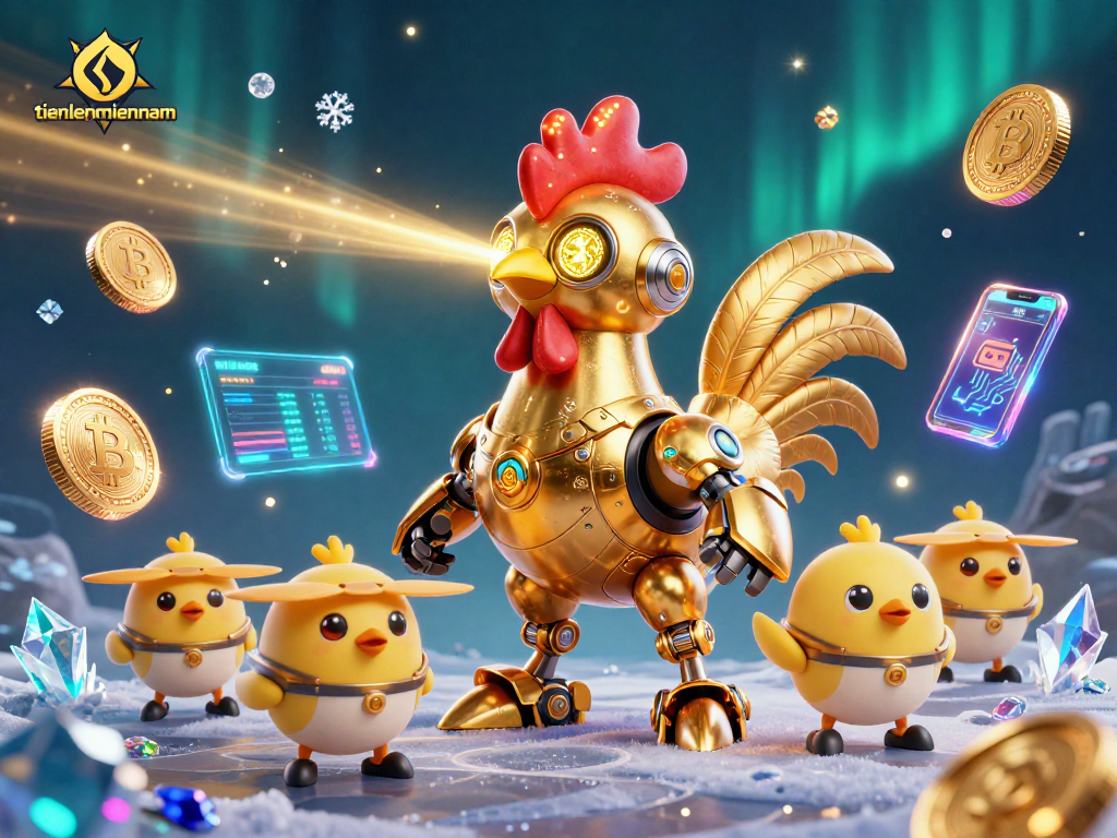 Engage in exciting gameplay at tienlenmiennam with a vibrant scene of futuristic characters, crypto elements, and engaging visuals.
