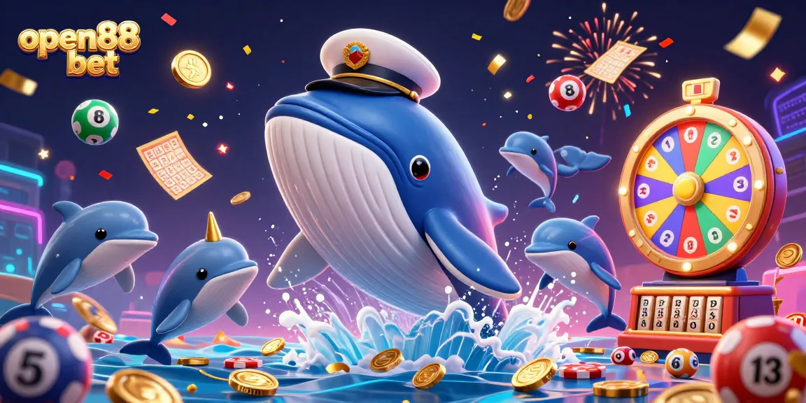 Experience thrill with open88 bet as a cartoon whale breaching coins, surrounded by colorful lottery fun!