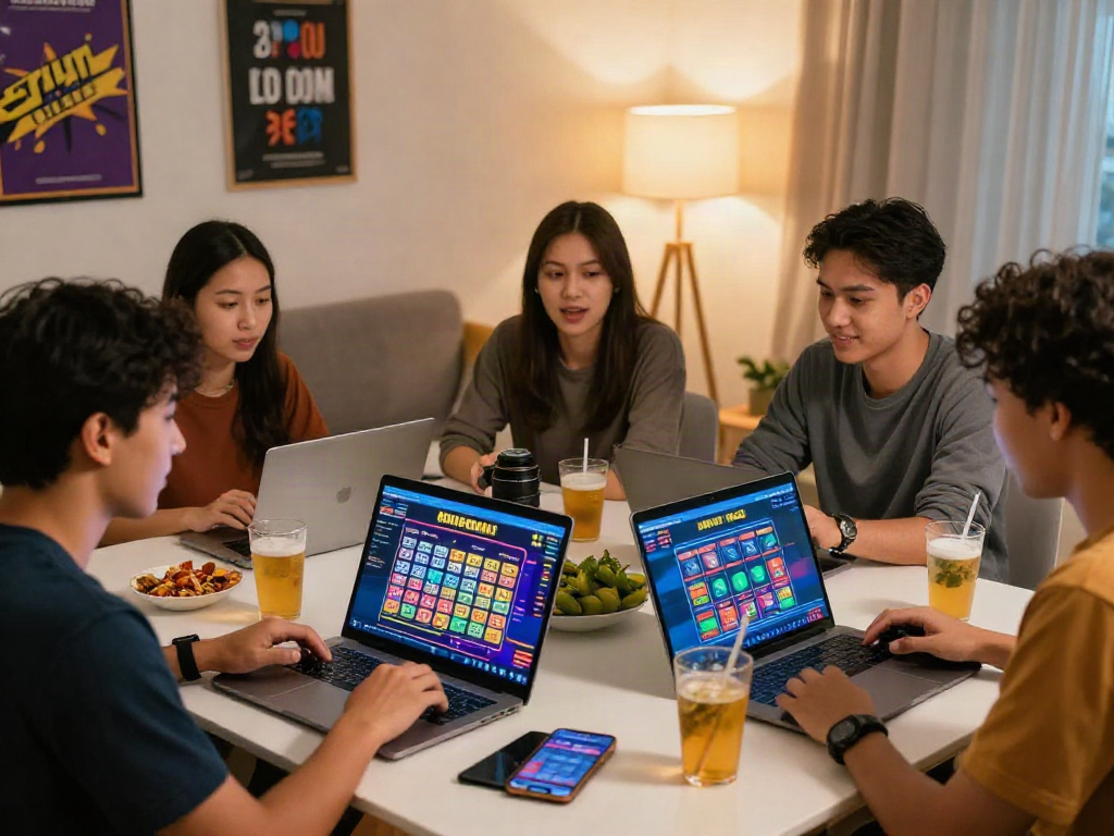 Friends closely engaging with a situs togel gaming platform in a cozy atmosphere.