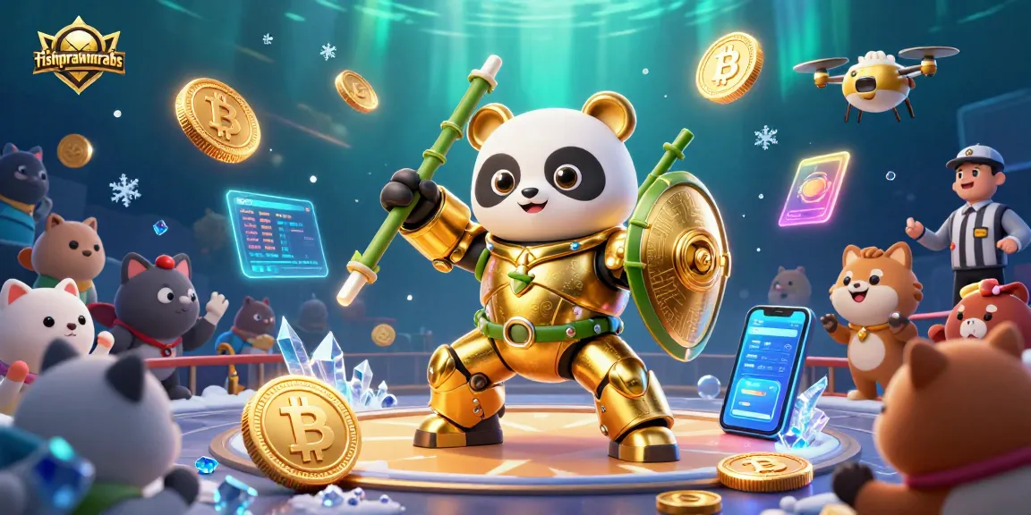 Fishprawncrabs gaming illustration showcasing a dynamic fish shooting game scene with crypto elements.