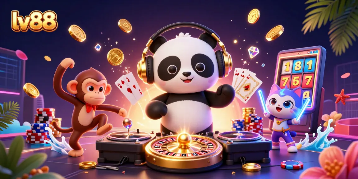 Attractively illustrate lv88 with a DJ panda, breakdancing monkey, and rave kitten in a vivid casino atmosphere.