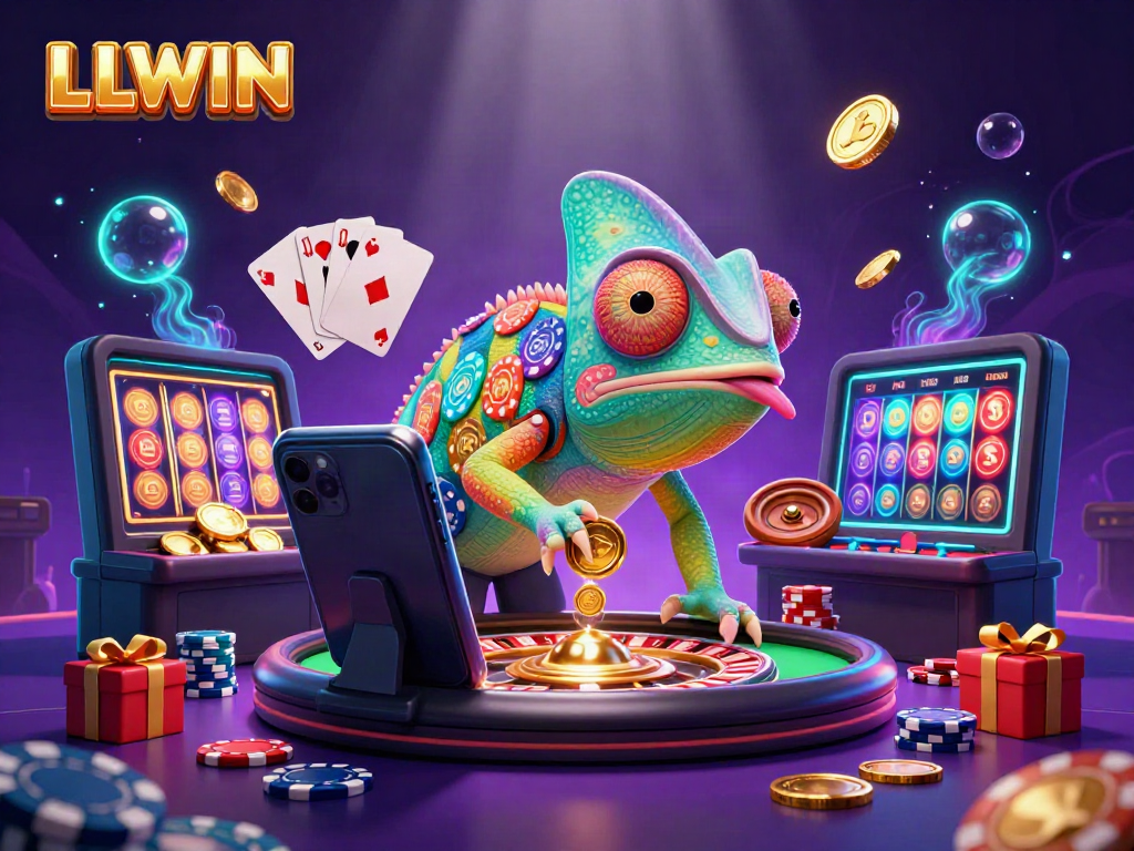 LLWIN showcases a colorful casino scene with a chameleon character and various gaming elements.