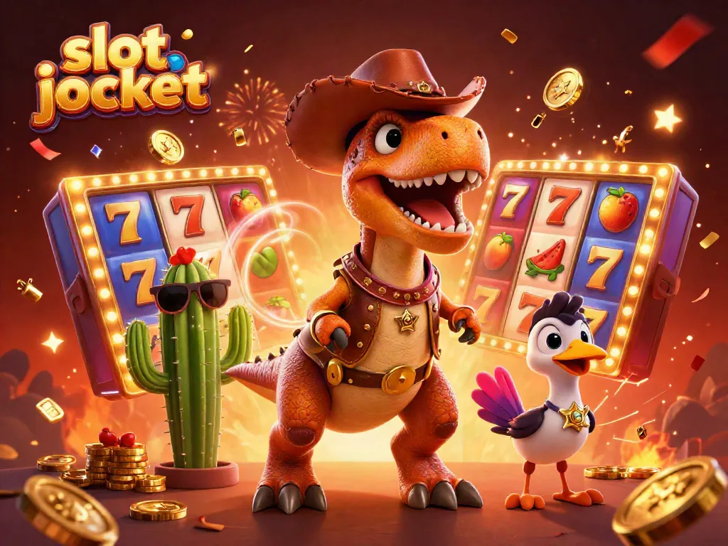 Spin the slot jackpot with a T-Rex dinosaur and friends in a vibrant casino scene.
