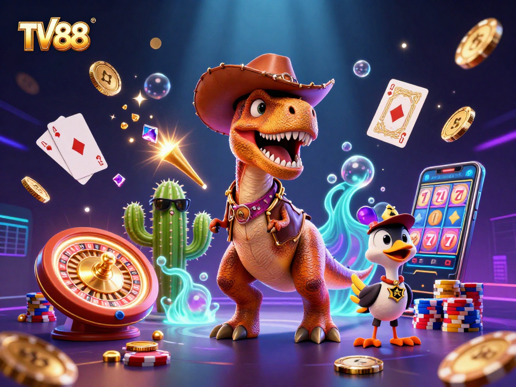 Experience the thrill of gaming at TV88 with a vibrant 3D dinosaur and casino elements.