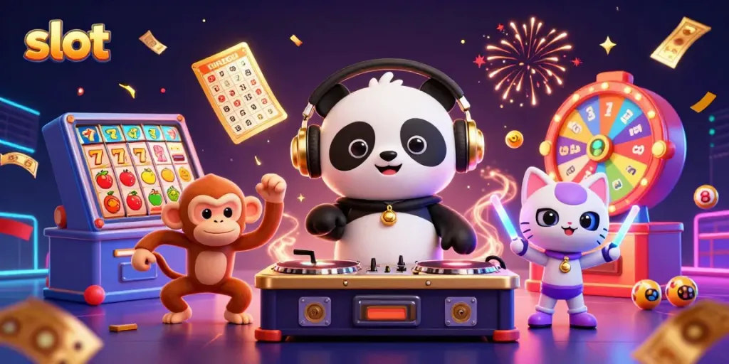 Menggulung slot dengan DJ panda dan karakter ceria dalam suasana fiesta kasino.