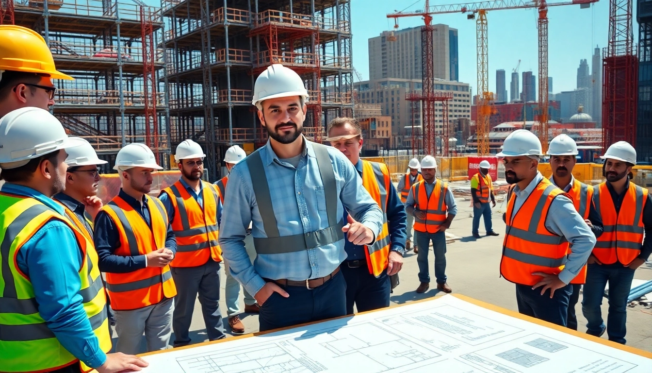 New York Commercial General Contractor supervising a busy construction site with a team.