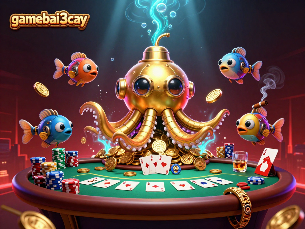 Experience the action with gamebai3cay's vibrant poker scene brought to life by a golden kraken submarine and mechanical fish.