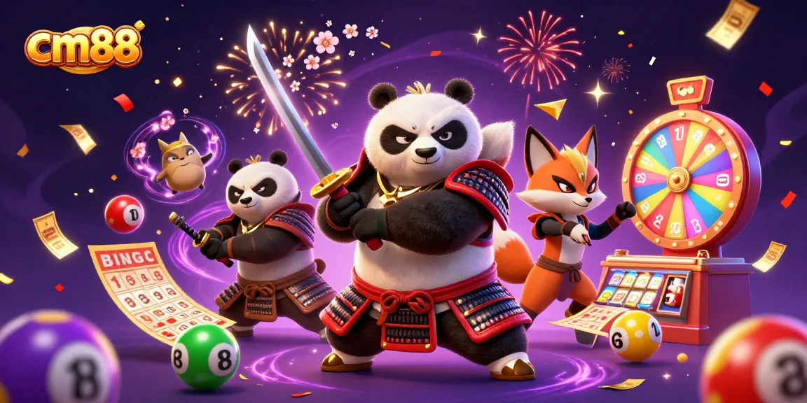 Experience winning at cm88 with a vibrant 3D casino scene featuring samurai panda, ninja fox, and magical symbols.