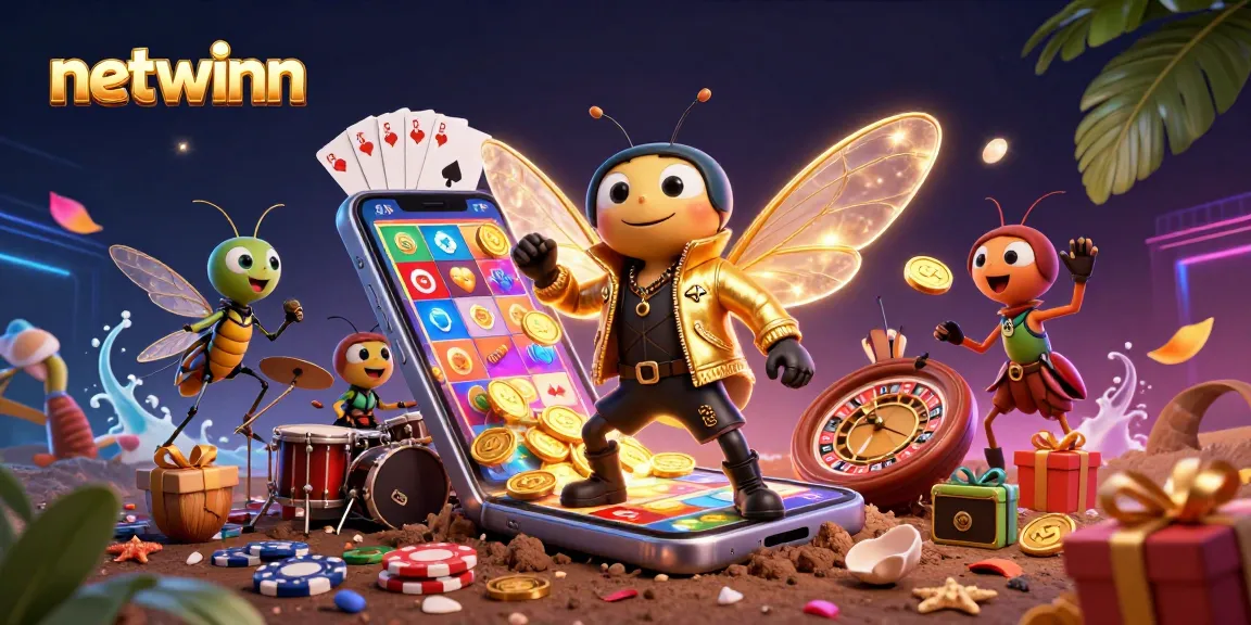 Engage with netwinn's vibrant 3D casino world featuring a rock star cicada and dynamic game elements.